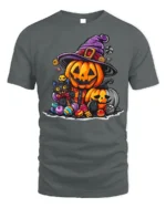 Cute Pumpkin Witch Cat Halloween Candy T-shirt - gray t-shirt on white background