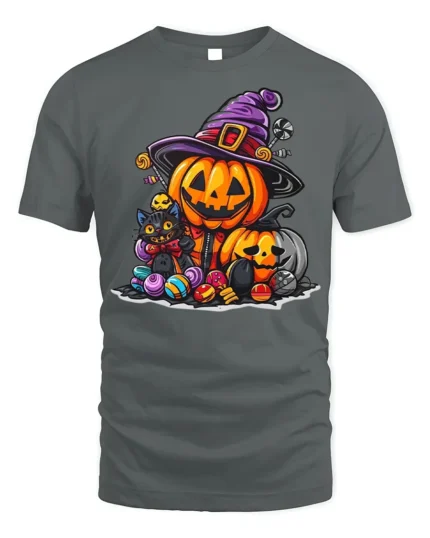 Cute Pumpkin Witch Cat Halloween Candy T-shirt - gray t-shirt on white background