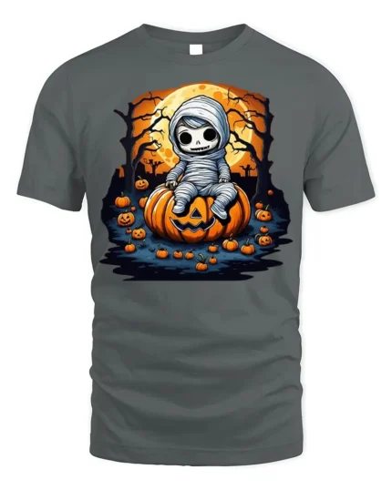 Cute Baby Mummy Sitting on Pumpkin Halloween T-shirt - gray t-shirt on white background