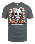 Cute Halloween Skeleton with Pumpkins T-shirt - gray t-shirt on white background