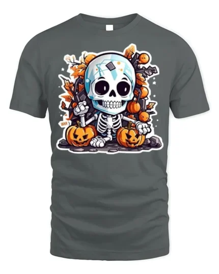 Cute Halloween Skeleton with Pumpkins T-shirt - gray t-shirt on white background