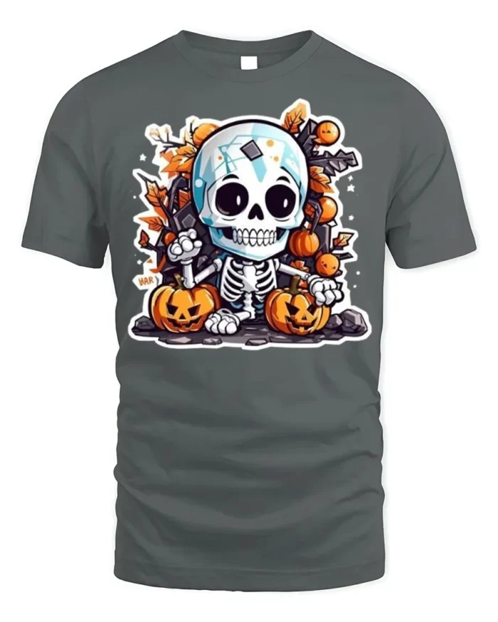Cute Halloween Skeleton with Pumpkins T-shirt - gray t-shirt on white background