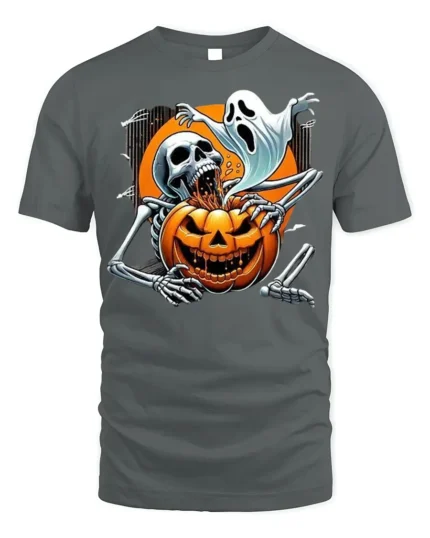 Skeleton Ghost Pumpkin Horror Halloween T-shirt - gray t-shirt on white background