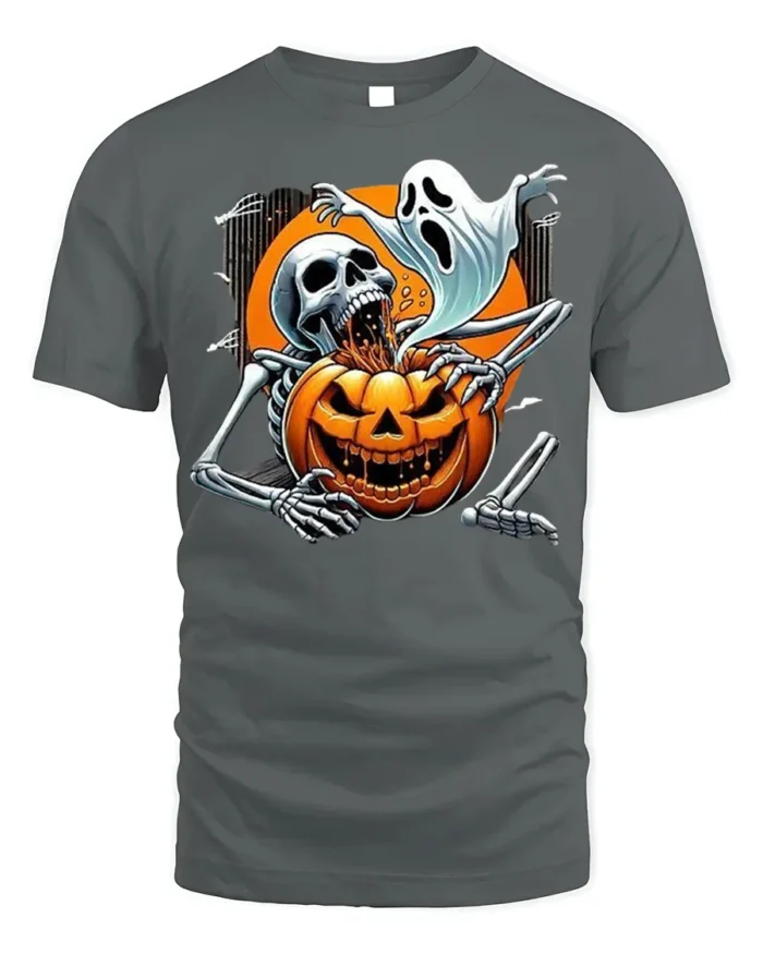 Skeleton Ghost Pumpkin Horror Halloween T-shirt - gray t-shirt on white background