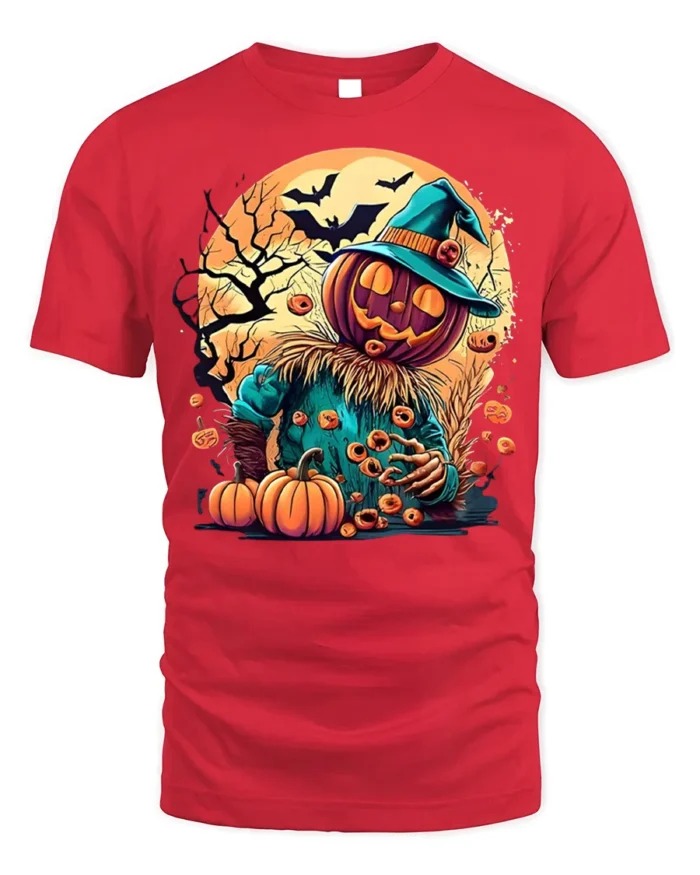 Haunted Pumpkin Scarecrow Halloween T-shirt - red t-shirt on white background