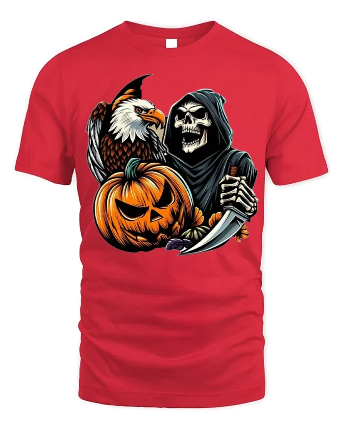 Grim Reaper Eagle Pumpkin Halloween T-shirt - red t-shirt on white background