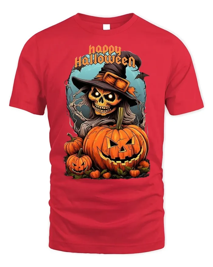 Witch Skull Pumpkin Happy Halloween T-shirt - red t-shirt on white background