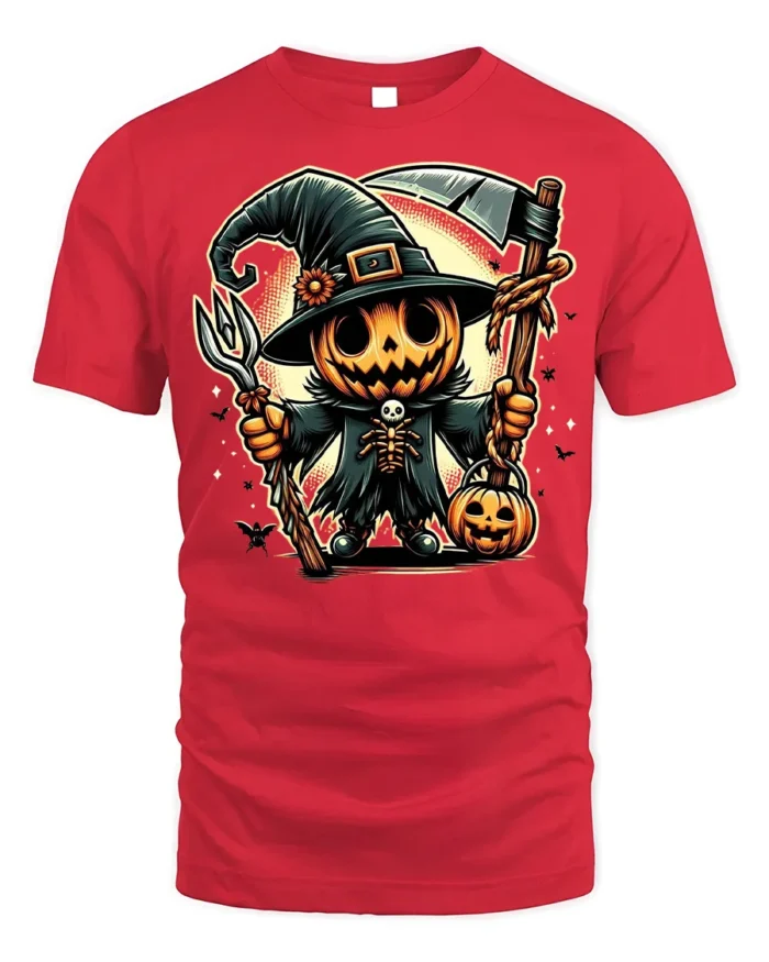 Pumpkin Scarecrow Witch Halloween T-shirt - red t-shirt on white background