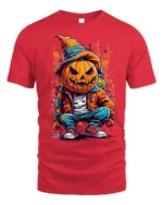Street Style Pumpkin Head Halloween T-shirt - red t-shirt on white background