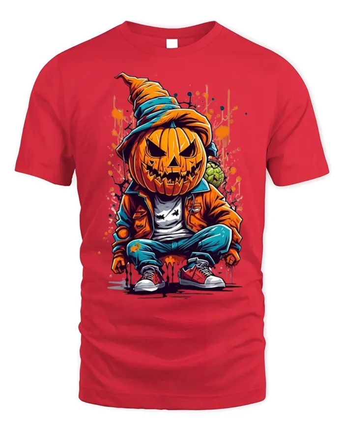 Street Style Pumpkin Head Halloween T-shirt - red t-shirt on white background