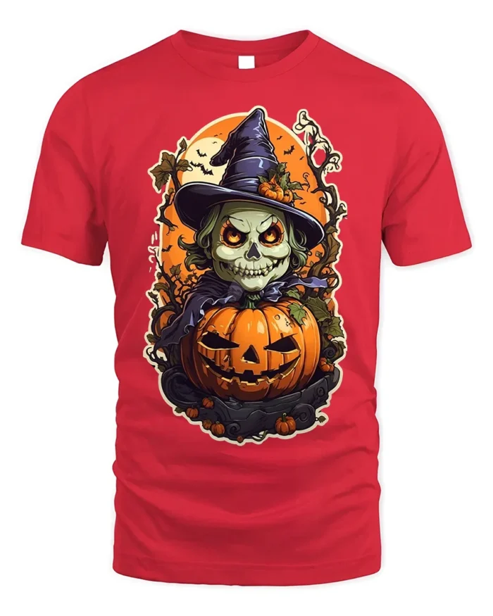 Evil Witch Skull Pumpkin Halloween T-shirt - red t-shirt on white background