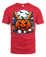 Halloween Pumpkin Baseball Moon Night T-shirt - red t-shirt on white background