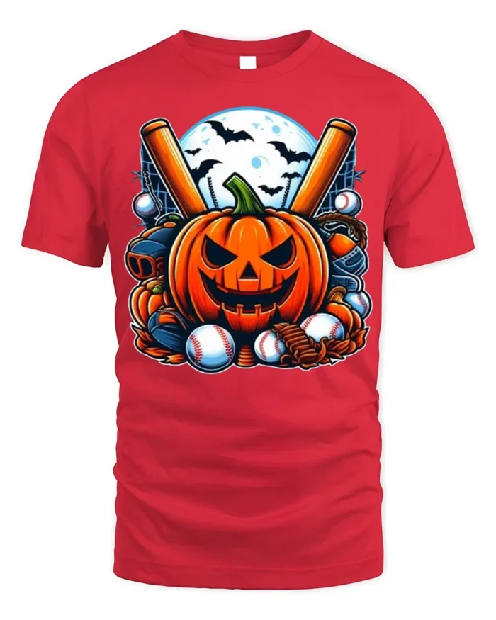 Halloween Pumpkin Baseball Moon Night T-shirt - red t-shirt on white background