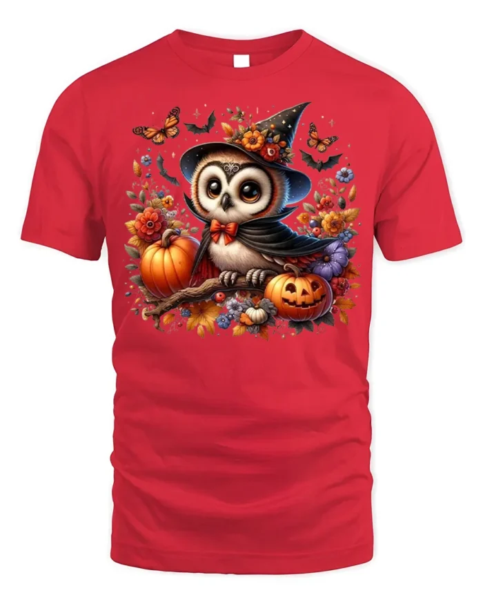 Cute Halloween Owl Pumpkin Witch Hat T-shirt - red t-shirt on white background
