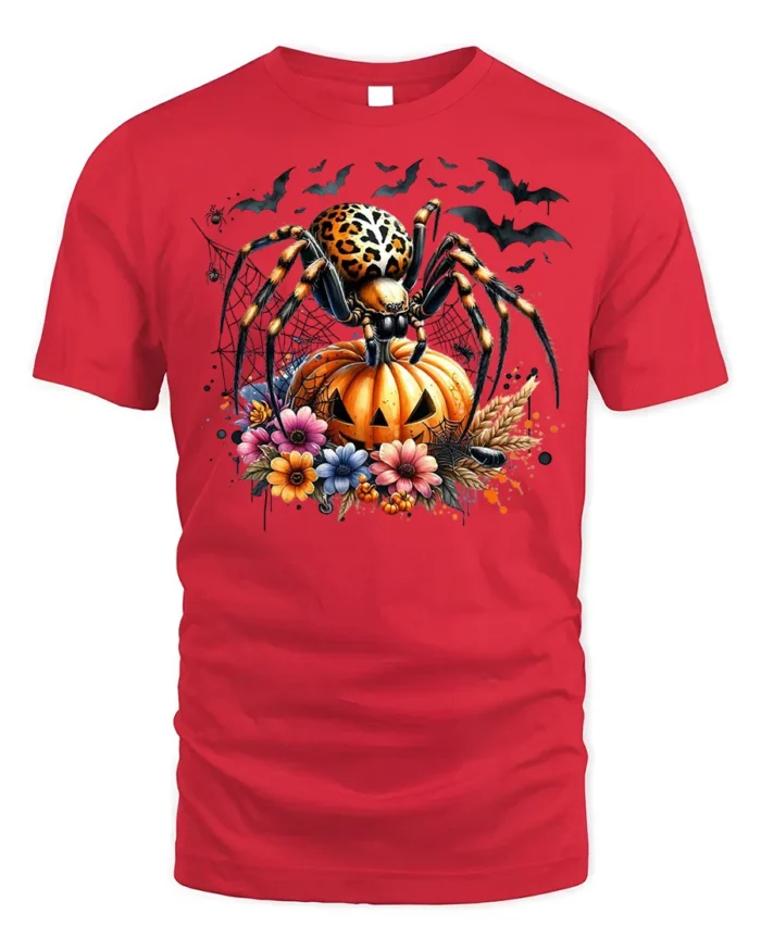 Leopard Spider Pumpkin Halloween Night T-shirt - red t-shirt on white background