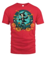 Skeleton Witch Pumpkin Halloween T-shirt - red t-shirt on white background