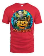 Spooky Pumpkin Bat Moon Halloween Night T-shirt - red t-shirt on white background