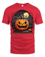 Evil Jack-o-Lantern Haunted House Halloween T-shirt - red t-shirt on white background