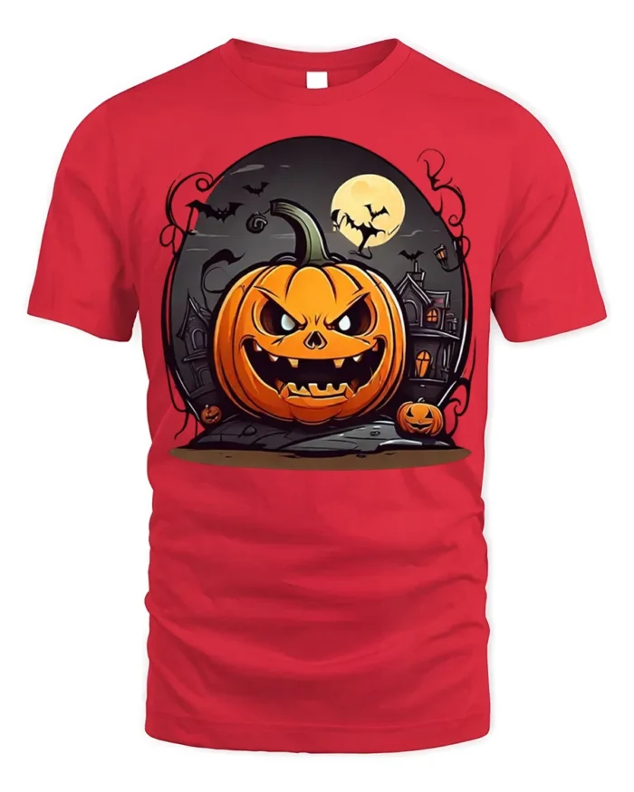 Evil Jack-o-Lantern Haunted House Halloween T-shirt - red t-shirt on white background