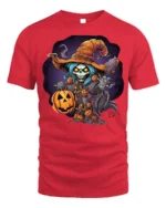 Haunted Pumpkin Skeleton Witch Halloween T-shirt - red t-shirt on white background