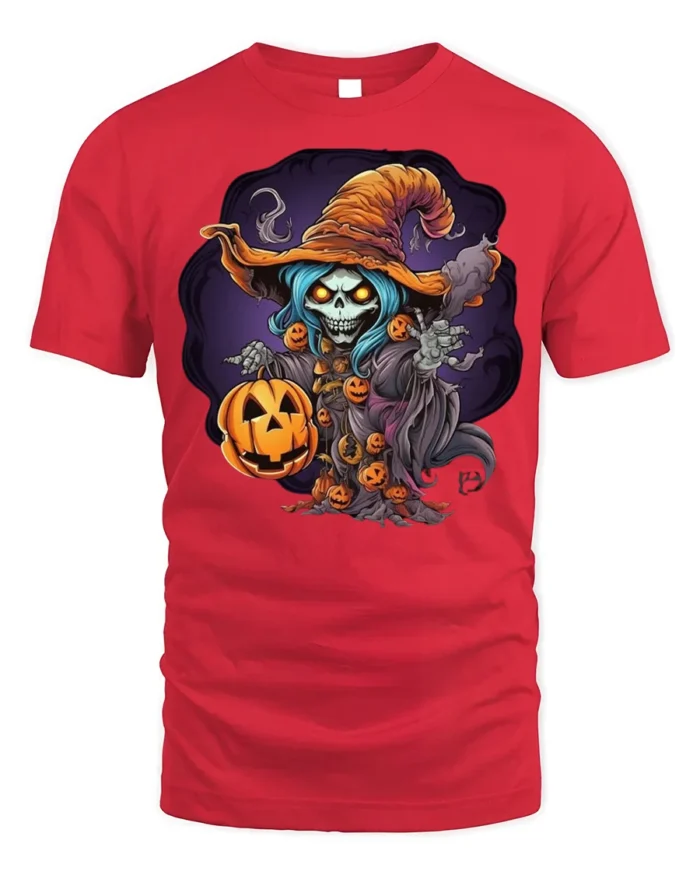 Haunted Pumpkin Skeleton Witch Halloween T-shirt - red t-shirt on white background