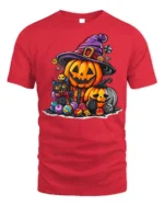 Cute Pumpkin Witch Cat Halloween Candy T-shirt - red t-shirt on white background