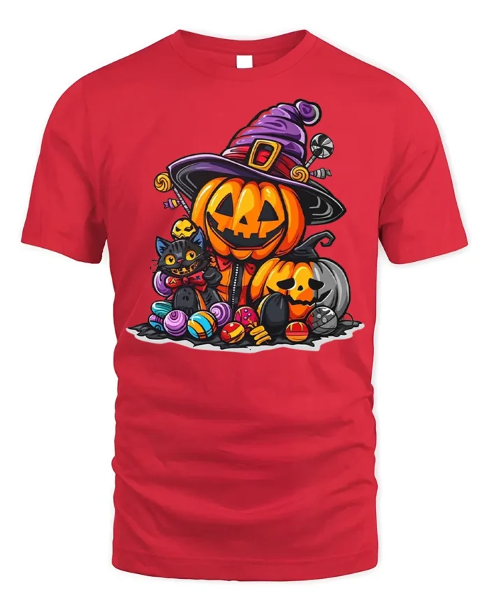 Cute Pumpkin Witch Cat Halloween Candy T-shirt - red t-shirt on white background