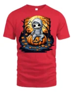Cute Baby Mummy Sitting on Pumpkin Halloween T-shirt - red t-shirt on white background