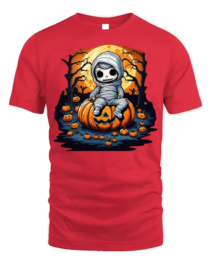 Cute Baby Mummy Sitting on Pumpkin Halloween T-shirt - red t-shirt on white background