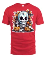 Cute Halloween Skeleton with Pumpkins T-shirt - red t-shirt on white background