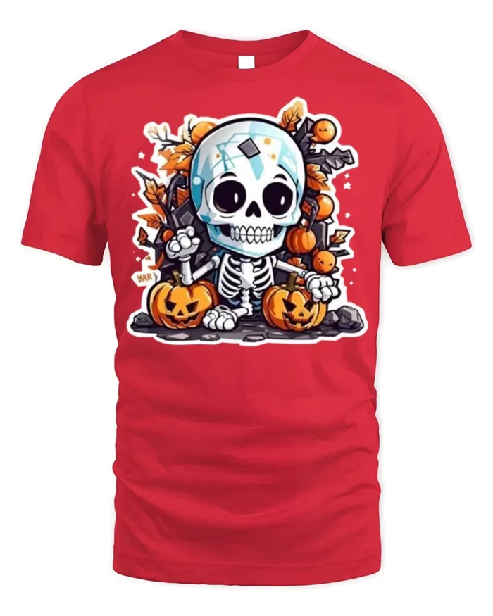 Cute Halloween Skeleton with Pumpkins T-shirt - red t-shirt on white background