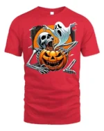 Skeleton Ghost Pumpkin Horror Halloween T-shirt - red t-shirt on white background