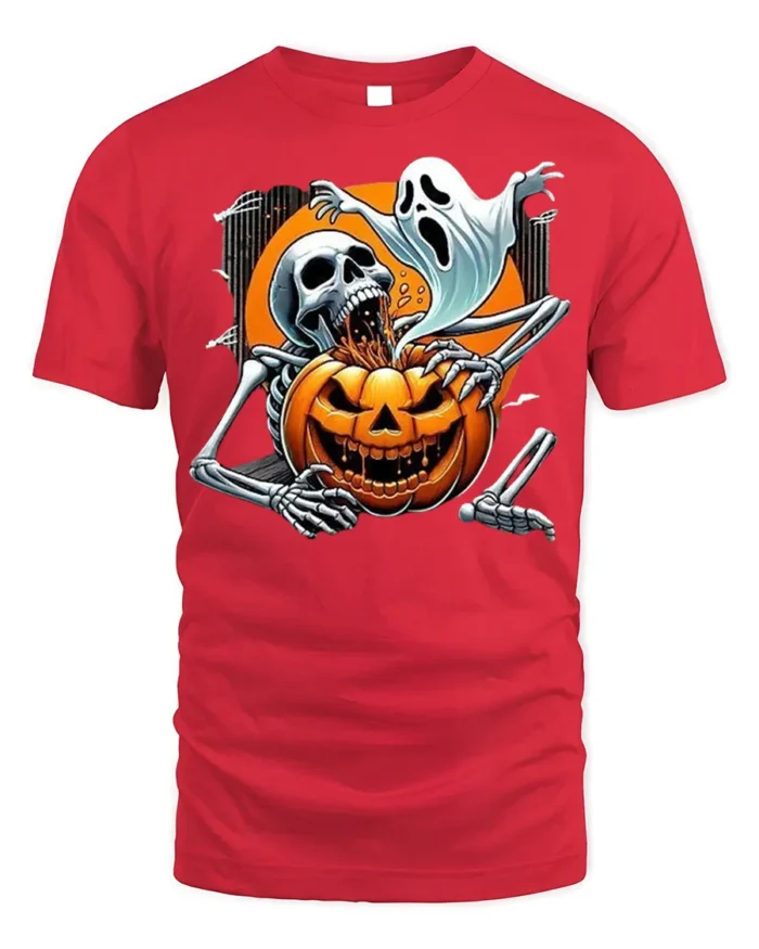 Skeleton Ghost Pumpkin Horror Halloween T-shirt - red t-shirt on white background