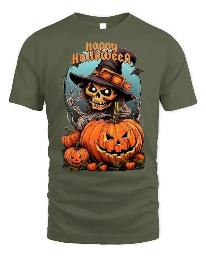 Witch Skull Pumpkin Happy Halloween T-shirt - military green t-shirt on white background