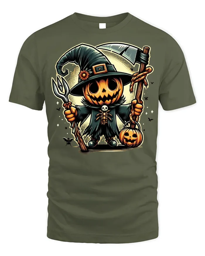 Pumpkin Scarecrow Witch Halloween T-shirt - military green t-shirt on white background
