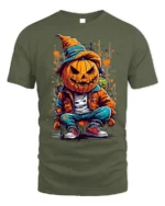 Street Style Pumpkin Head Halloween T-shirt - military green t-shirt on white background