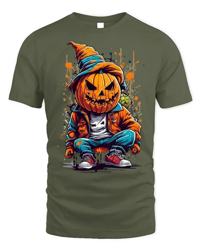 Street Style Pumpkin Head Halloween T-shirt - military green t-shirt on white background