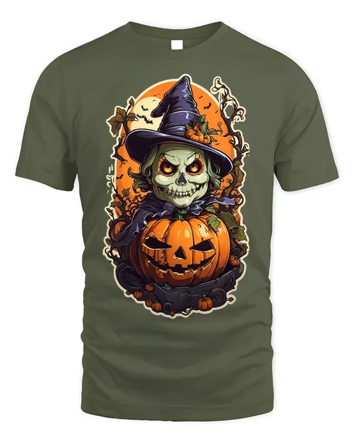 Evil Witch Skull Pumpkin Halloween T-shirt - military green t-shirt on white background