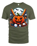 Halloween Pumpkin Baseball Moon Night T-shirt - military green t-shirt on white background