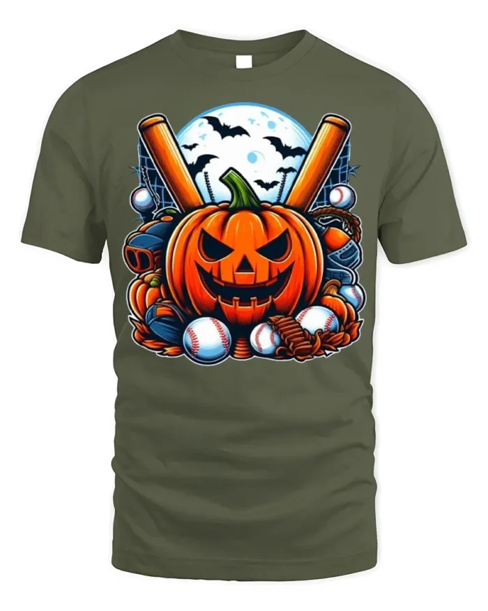 Halloween Pumpkin Baseball Moon Night T-shirt - military green t-shirt on white background