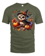 Cute Halloween Owl Pumpkin Witch Hat T-shirt - military green t-shirt on white background