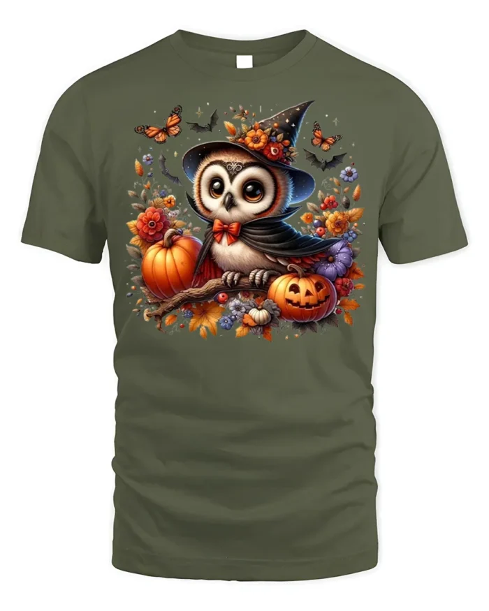 Cute Halloween Owl Pumpkin Witch Hat T-shirt - military green t-shirt on white background