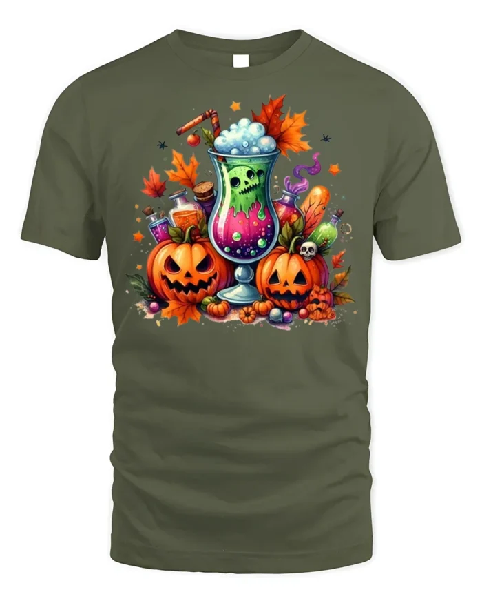 Halloween Pumpkin Potion Spooky Drink T-shirt - military green t-shirt on white background