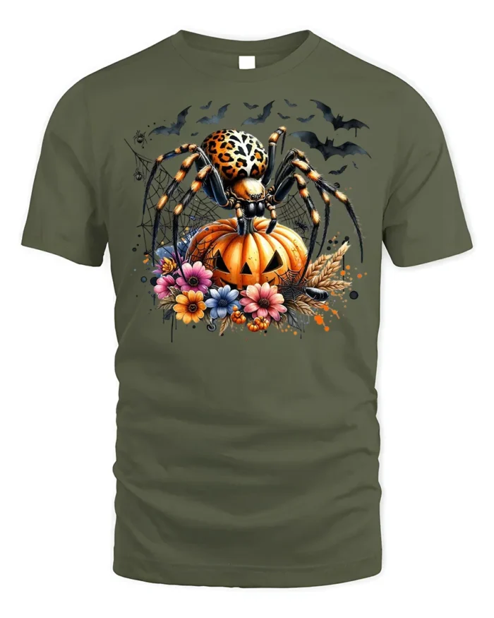 Leopard Spider Pumpkin Halloween Night T-shirt - military green t-shirt on white background
