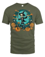 Skeleton Witch Pumpkin Halloween T-shirt - military green t-shirt on white background