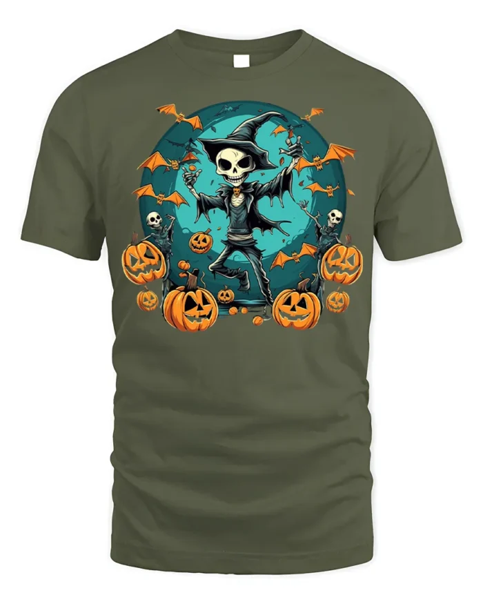 Skeleton Witch Pumpkin Halloween T-shirt - military green t-shirt on white background