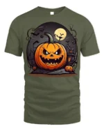 Evil Jack-o-Lantern Haunted House Halloween T-shirt - military green t-shirt on white background