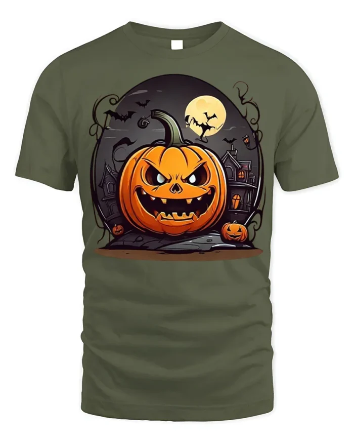 Evil Jack-o-Lantern Haunted House Halloween T-shirt - military green t-shirt on white background