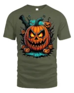 Fiery Evil Jack-o-Lantern Halloween T-shirt - military green t-shirt on white background