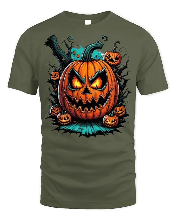 Fiery Evil Jack-o-Lantern Halloween T-shirt - military green t-shirt on white background